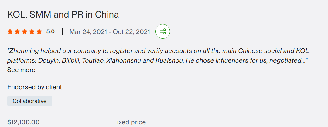 KOL, SMM and PR in China — 5.0 rating, $12,100 project