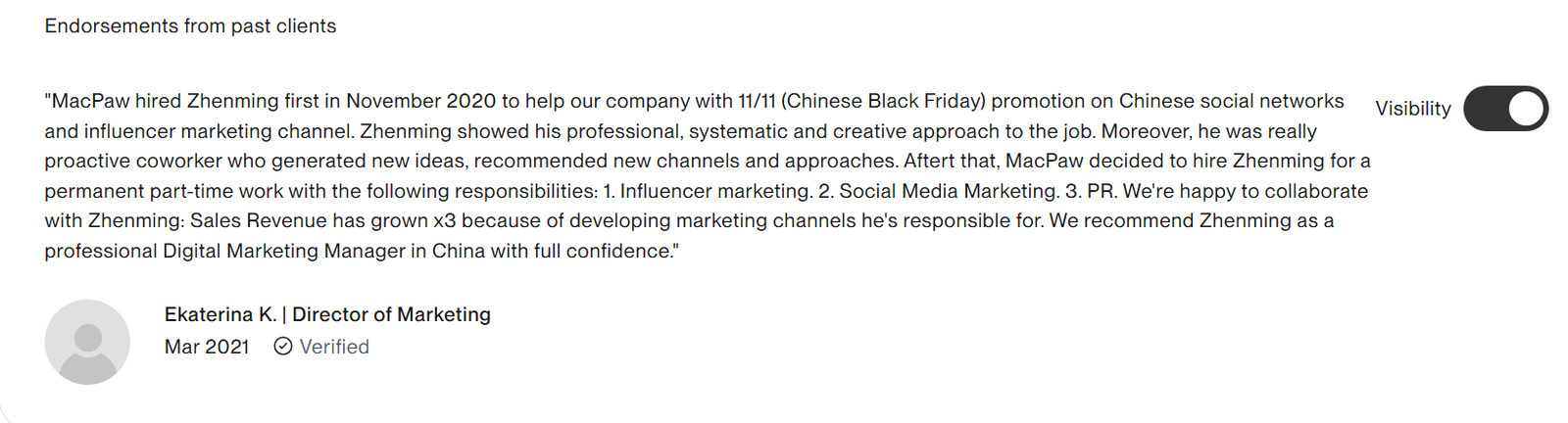 MacPaw testimonial on Upwork
